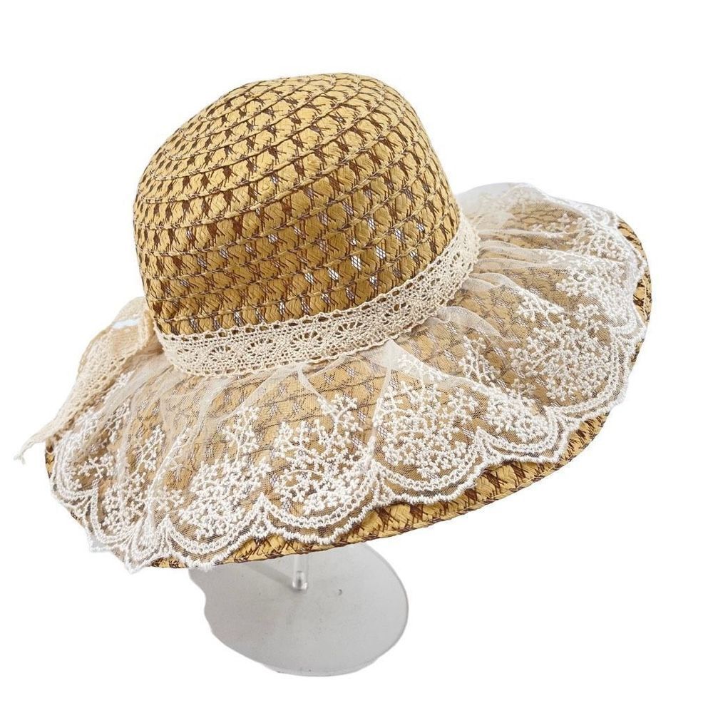 Women's Beach Straw Hat cottagecore Lace Chin Strap Outdoor Travel Panama One Si